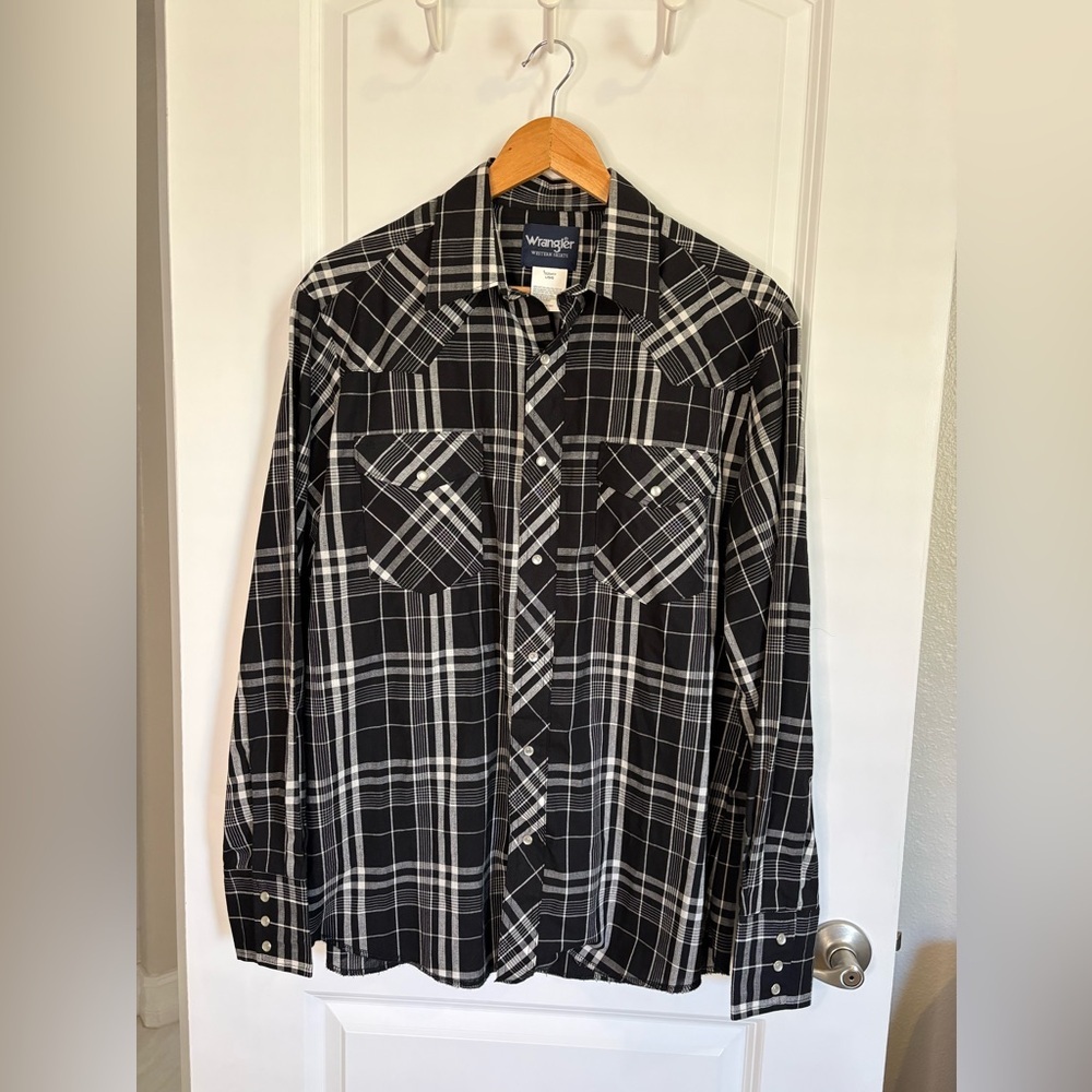 Wrangler Western Plaid Shirt Pearl Snap Long Sleeve Black White Size Large - Picture 8 of 12